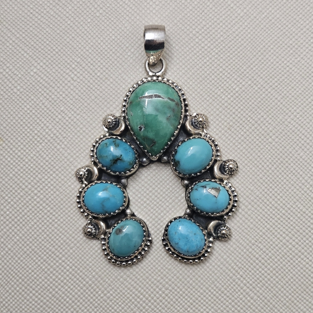 Turquoise And Varasite Stone Horseshoe Shape Sterling Silver Pendant